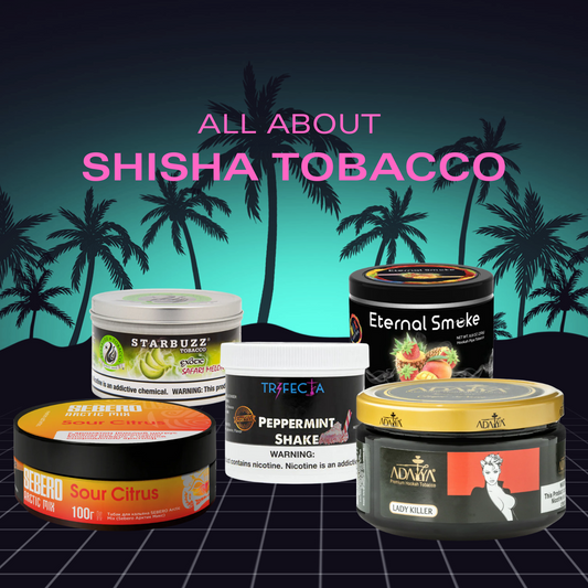 Shisha tobacco brands including Starbuzz, Sebero, Trifecta, Eternal Smoke, and Adalya on a retro palm-tree background