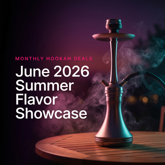 Modern dark metallic hookah on a wooden patio table at dusk with pink and teal smoke, promoting Hookah Deals' June 2026 Summer Flavor Showcase monthly deals roundup