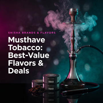 Must Have Pinkman shisha tobacco cans beside a lit hookah with magenta and teal smoke — best-value flavors and deals