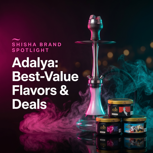 Adalya shisha tobacco cans beside a lit hookah with magenta and teal smoke — best-value flavors and deals guide