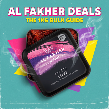 Al Fakher Magic Love hookah tobacco tin open on a retro teal background