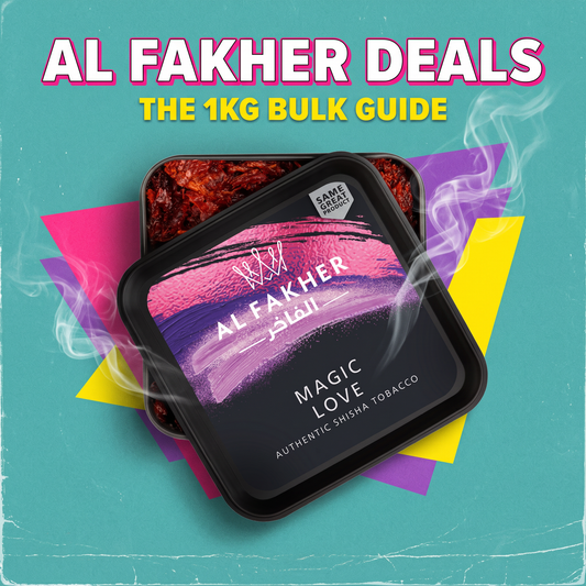 Al Fakher Magic Love hookah tobacco tin open on a retro teal background