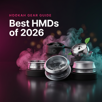 Hookah heat management devices including Kaloud, Onmo, Provost, Na Grani, and Arka Savant with magenta and teal smoke