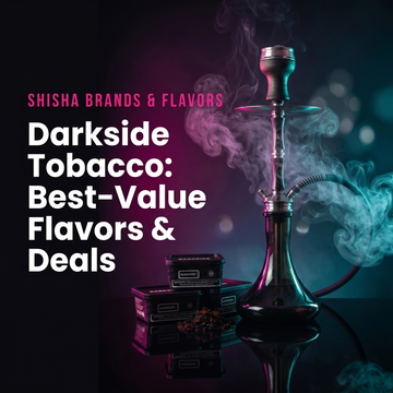 Darkside 200g shisha tobacco cans beside a lit hookah with magenta and teal smoke — best-value flavors and deals