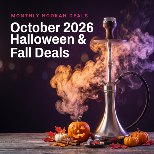 Stainless steel hookah with orange and purple smoke beside a jack-o'-lantern, mini pumpkins and cinnamon sticks