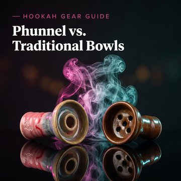 Phunnel hookah bowl with single center hole beside a traditional bowl with multiple holes, magenta and teal smoke