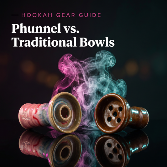 Phunnel hookah bowl with single center hole beside a traditional bowl with multiple holes, magenta and teal smoke
