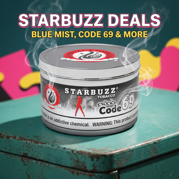 Starbuzz Code 69 hookah tobacco tin on a retro teal background