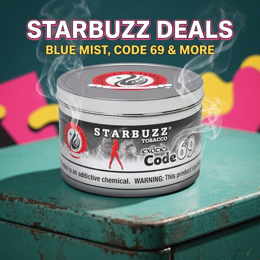 Starbuzz Code 69 hookah tobacco tin on a retro teal background